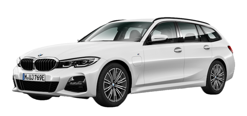 Afbeelding van JRS93X, witte BMW 330E stationwagen