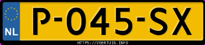 Kenteken afbeelding van P045SX, grijze Ford Mustang Mach-E Extended Range Rwd