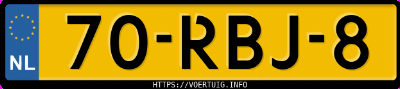 Kenteken afbeelding van 70RBJ8, gele Peugeot 107 1.0i