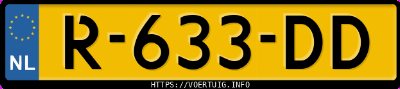 Kenteken afbeelding van R633DD, gele Peugeot 208 208-E 50 Kwh